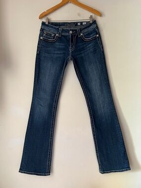 Miss Me Dark Indigo Boot Cut Jeans Sz 29 Thick Stitch Rhinestones JS5408B7